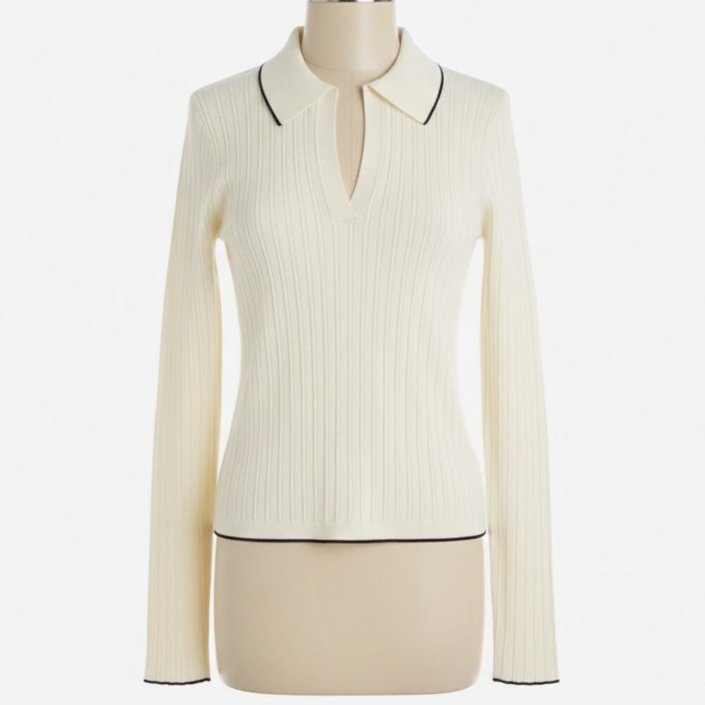 Madewell Signature Knit Johnny Collar Sweater Long Sleeve Top White Slim Medium